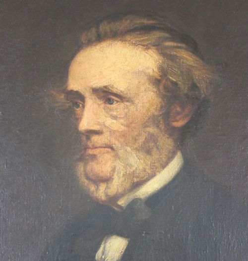 fig 1. An oil on canvas portrait painting of a nineteenth-century gentleman with grey hair and beard wearing a black jacket against a dark background.