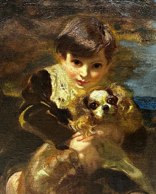 fig 1. An oil painting depicting a young boy in a dark garment with a white lace collar embracing a Cavalier King Charles Spaniel.