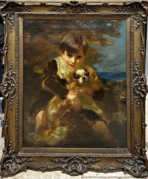 fig 2. An oil painting depicting a young boy in a dark garment with a white lace collar embracing a Cavalier King Charles Spaniel.