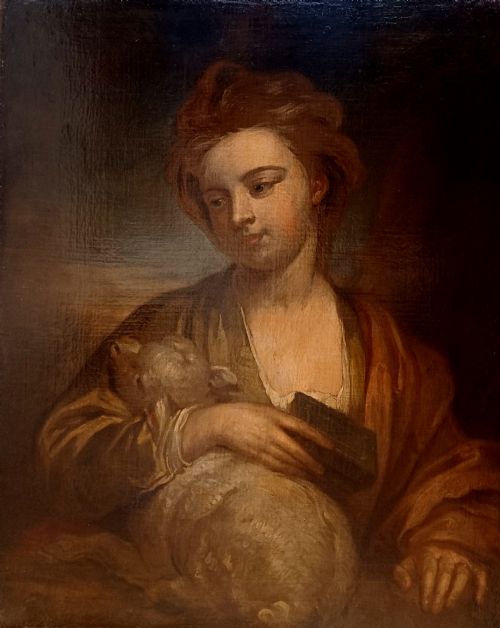 fig 1. An antique oil painting depicting a young woman in classical drapery holding a lamb and a book against a dark sky.