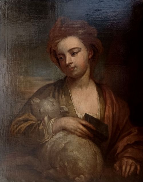 fig 2. An antique oil painting depicting a young woman in classical drapery holding a lamb and a book against a dark sky.