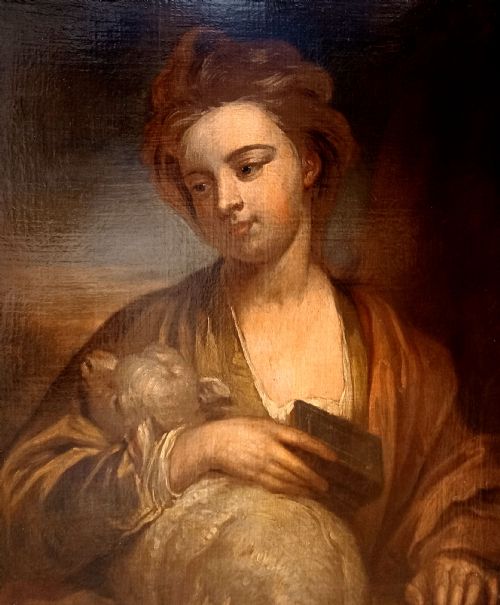 fig 3. An antique oil painting depicting a young woman in classical drapery holding a lamb and a book against a dark sky.