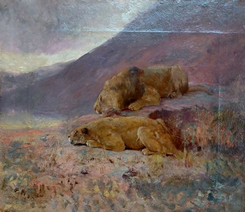CUTHBERT EDMUND SWAN 18701931A LION AND LIONESS STALKING THEIR PREY AT DUSKC E SWAN OIL ON CANVAS25 X 29 CM - ADDITIONAL PHOTO 2