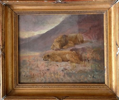 CUTHBERT EDMUND SWAN 18701931A LION AND LIONESS STALKING THEIR PREY AT DUSKC E SWAN OIL ON CANVAS25 X 29 CM - ADDITIONAL PHOTO 5