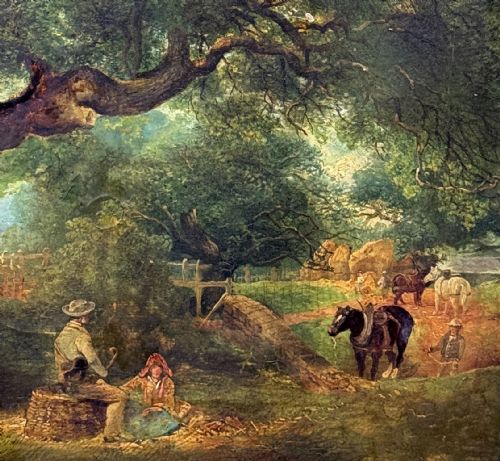 fig 1. A 19th-century oil painting depicting agricultural labourers resting under a mature oak tree with cart horses working in a distant farmyard.