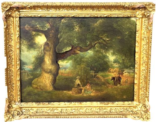 fig 2. A 19th-century oil painting depicting agricultural labourers resting under a mature oak tree with cart horses working in a distant farmyard.