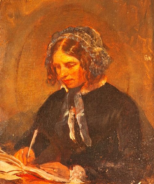WILLIAM HENRY KNIGHT RA 18231863PORTRAIT OF MARY SHERBORN NEE BRANCE 18011886 WRITING AT HER DESKEXTENSIVELY INSCRIBED ON THE REVERSE MRS C SHERBORNBY W H KNIGHT MARY BRANCE 18011886MOTHER OF C W SHERBORN