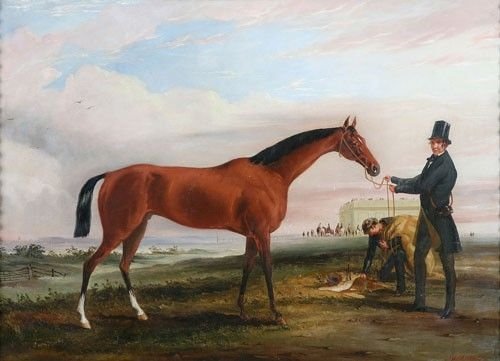 Portrait  of 'Malacca ' Winner of the Cambridge Stakes 1856 with the Newmarket Grandstand Beyond Circle of Harry Hall  1814-1882