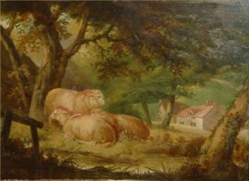 Sheep in a Wooded Landcape with a Cottage Beyond, by George Morland 1763-1804
