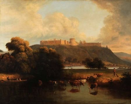 Windsor Castle with a Heardsman and His Cattle Watering at the Thames and Figures in a River Punt  Beyond, Attributed to Patrick Nasmyth