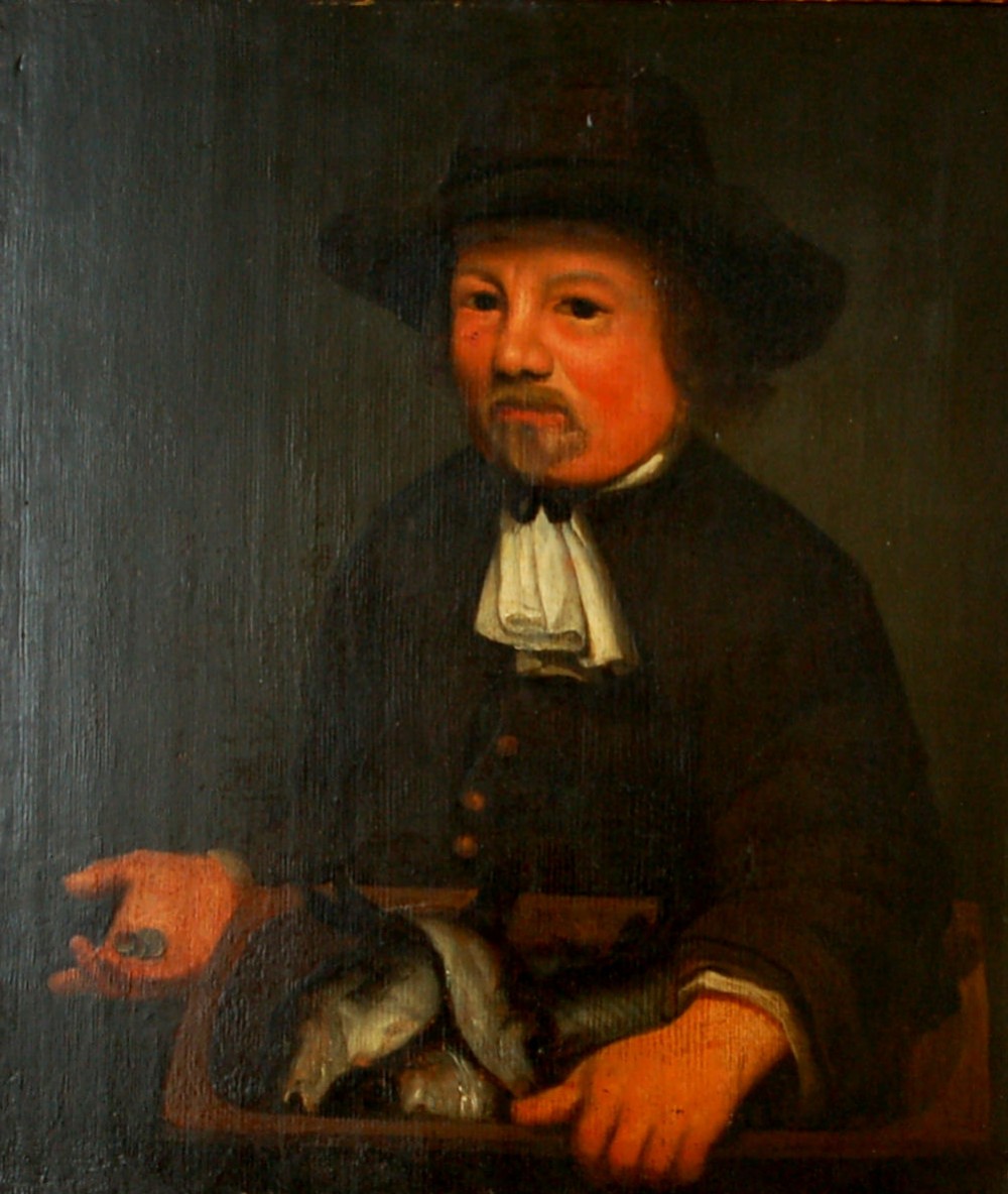 A seventeenth-century Dutch oil painting depicting a man in a black hat and white collar seated beside a tray of fish while holding coins.