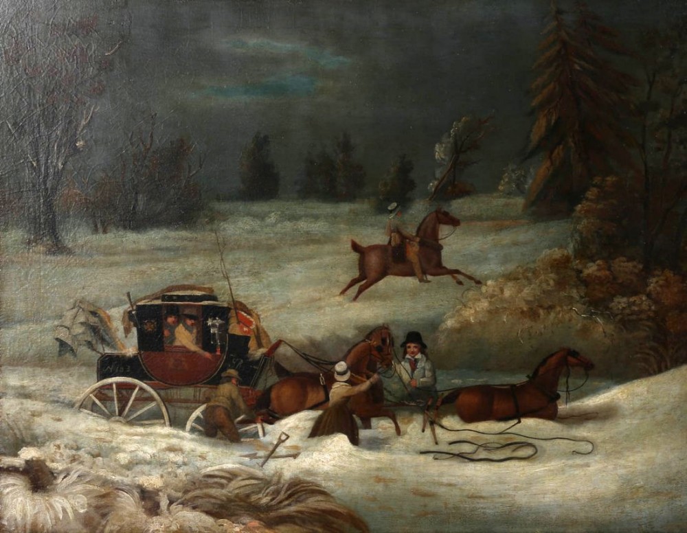 An oil painting depicting a dark mail coach stuck in deep snow with horses and attendants struggling, while a figure rides off on horseback under a dark winter sky.
