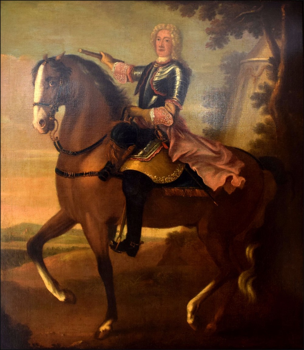 A 17th-century oil painting depicting Prince Eugene of Savoy in plate armour riding a rearing brown horse against a landscape background.