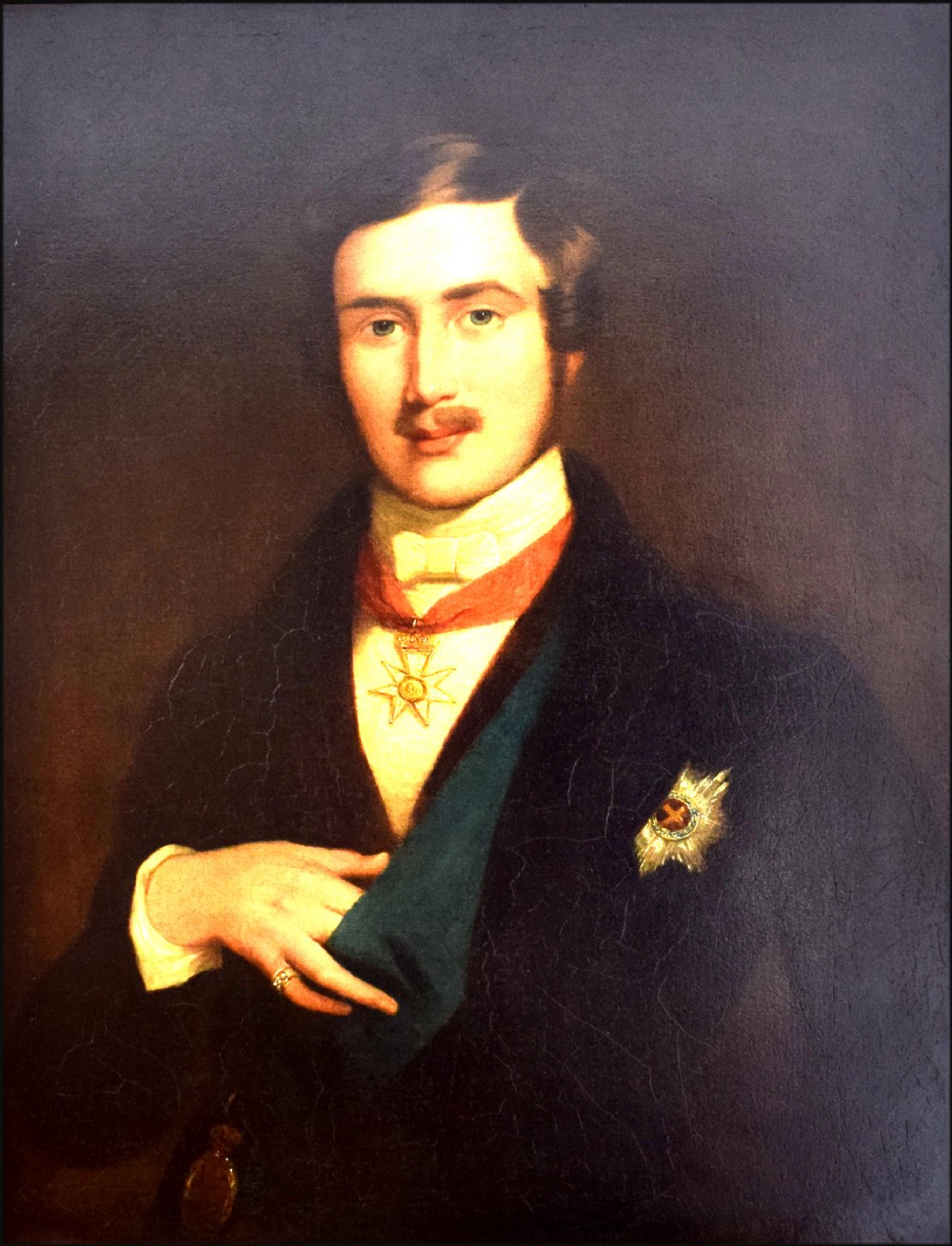 A Victorian portrait oil painting depicting Prince Albert wearing a dark coat, white neckcloth, red ribbon, and honours against a dark brown background.