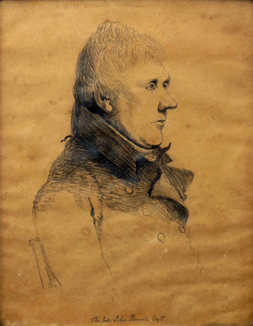 A profile portrait sketch in dark graphite on aged brown paper depicting a gentleman in a high-collared coat.