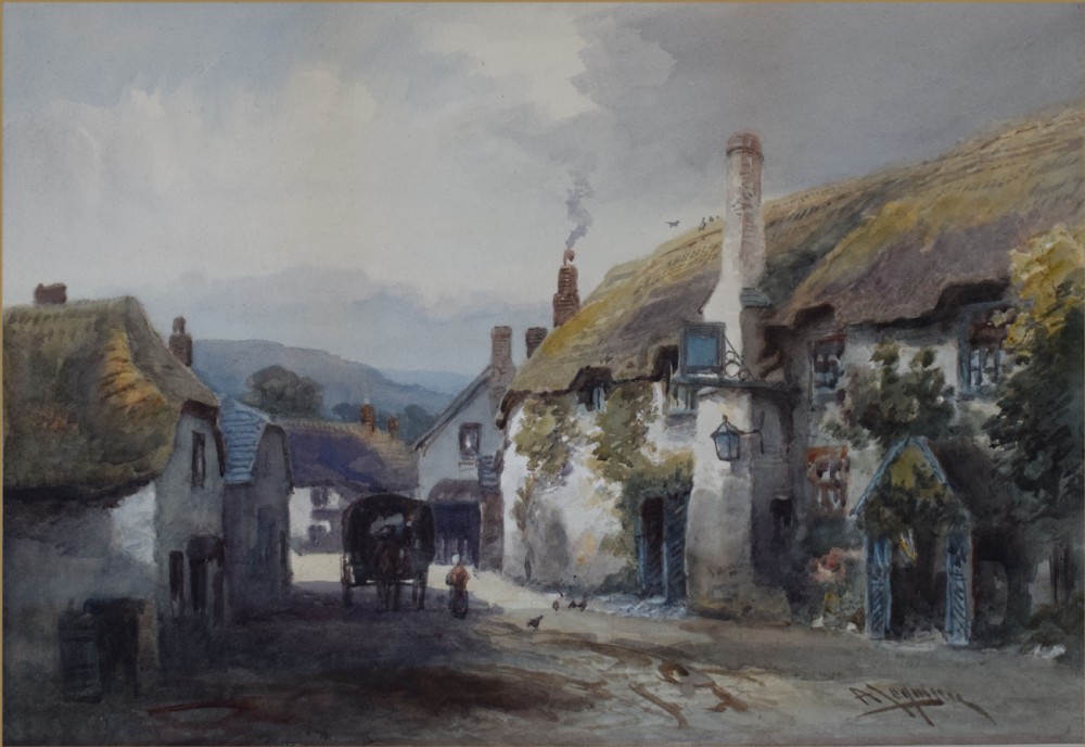 A watercolour painting depicting a village street scene in Porlock, featuring thatched cottages, a horse-drawn carriage, and an inn.