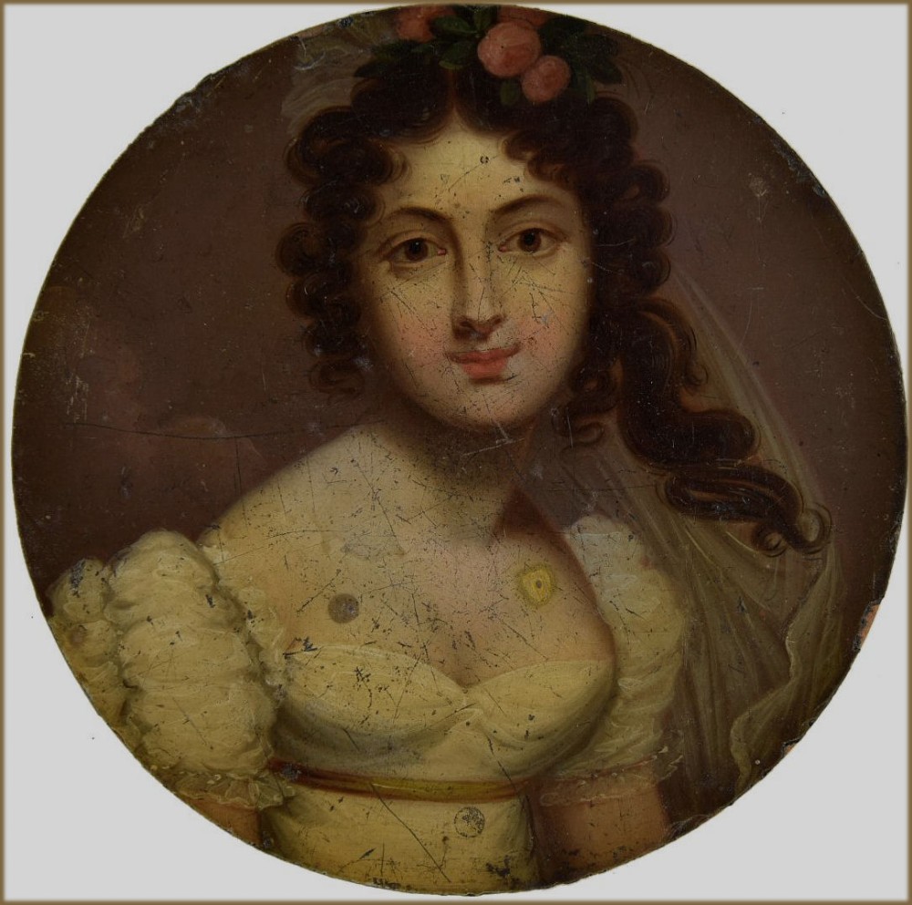 A circular Regency-era portrait painting depicting a woman with dark curly hair wearing a white gown with puff sleeves and flowers in her hair.