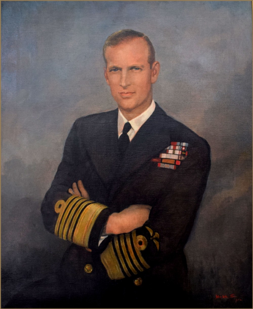 A mid-20th-century oil portrait of Prince Philip in a dark navy blue Admiral of the Fleet naval uniform with gold lace cuffs against a muted blue background.