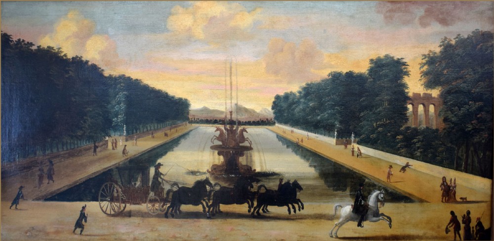 An 18th-century oil painting depicting a royal carriage with horses passing an ornamental lake and fountain at the Chateau de Marly.