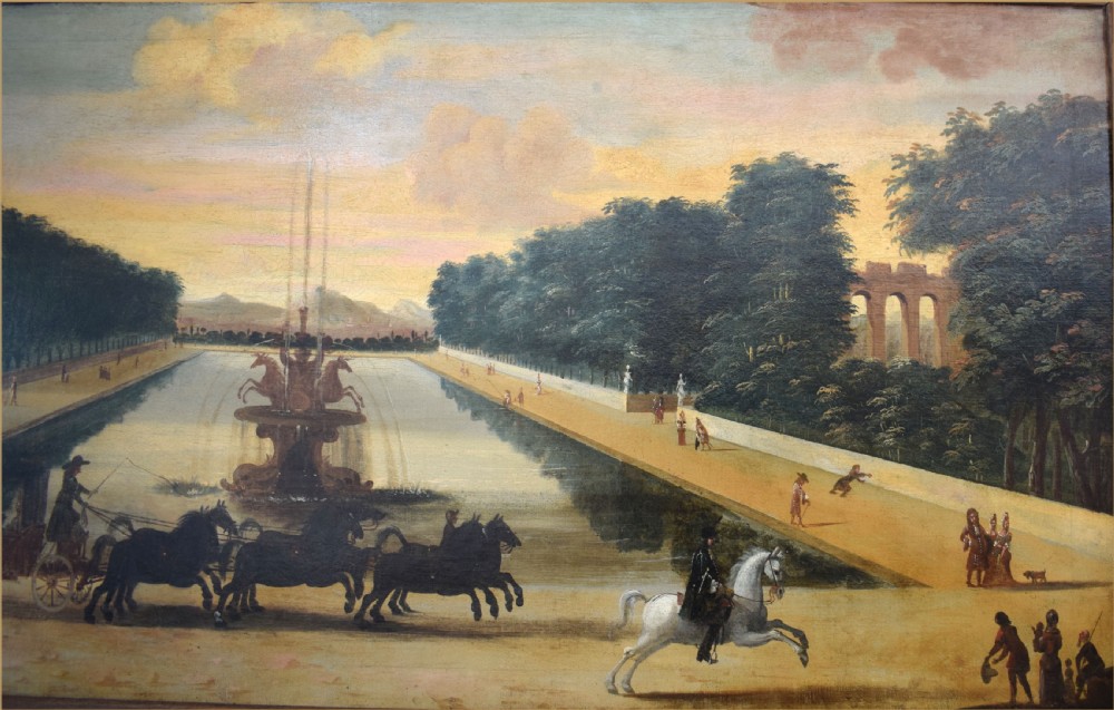 An 18th-century oil painting depicting a royal carriage with horses passing an ornamental lake and fountain at the Chateau de Marly. View II