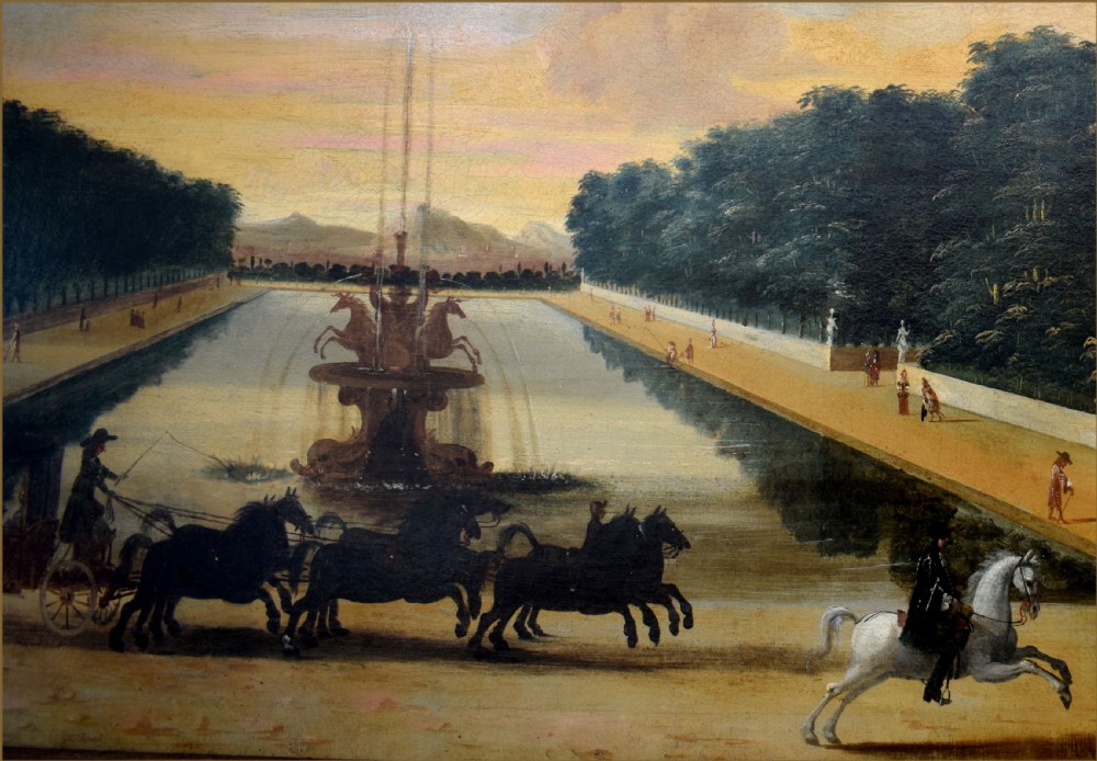 An 18th-century oil painting depicting a royal carriage with horses passing an ornamental lake and fountain at the Chateau de Marly. View III