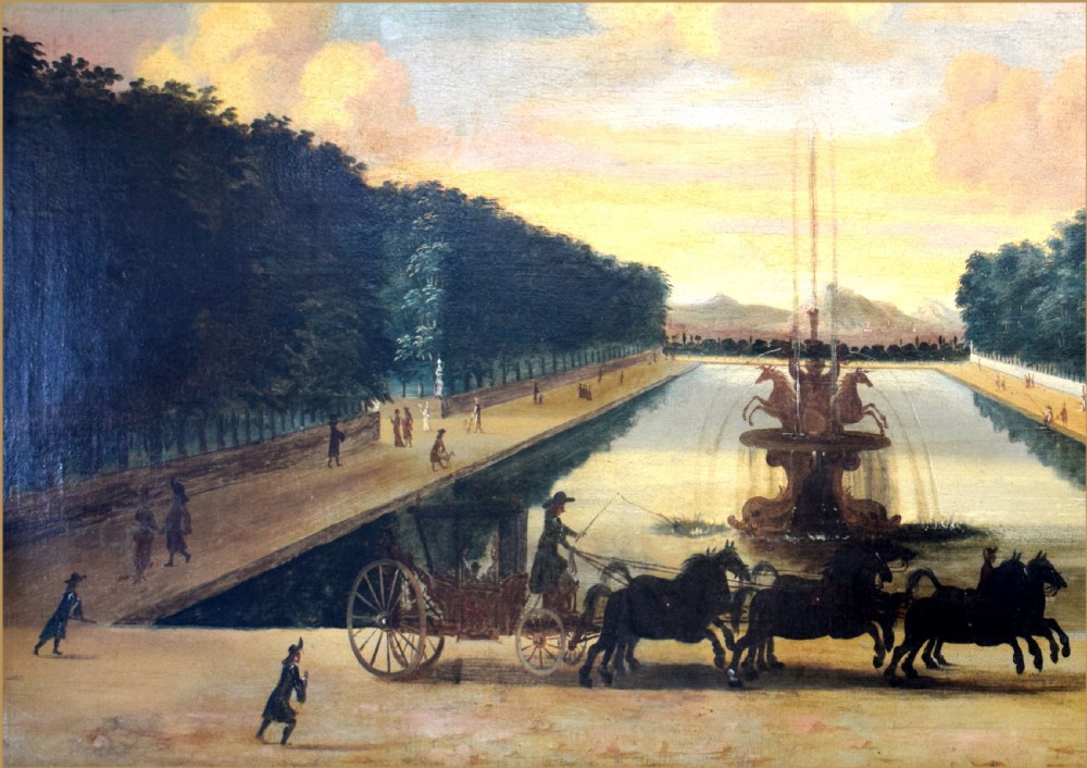 An 18th-century oil painting depicting a royal carriage with horses passing an ornamental lake and fountain at the Chateau de Marly. View IV