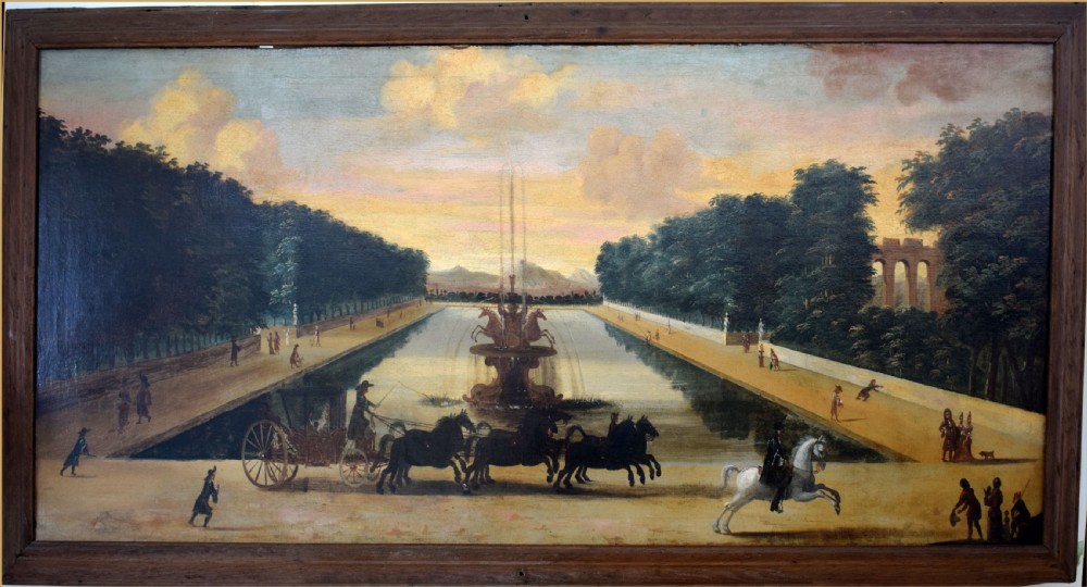 An 18th-century oil painting depicting a royal carriage with horses passing an ornamental lake and fountain at the Chateau de Marly. View V