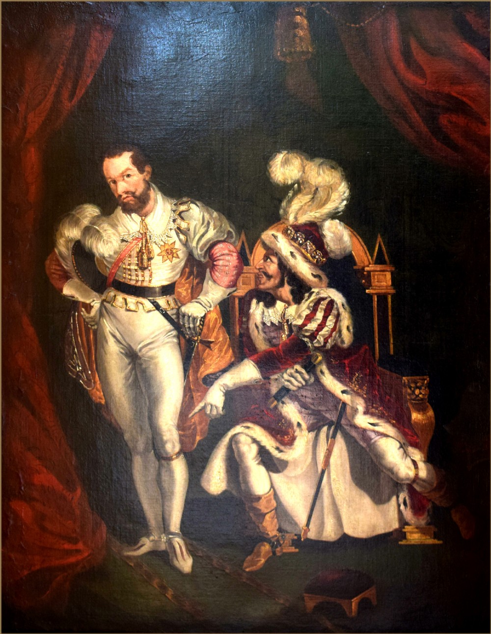 An oil painting depicting two men in elaborate 19th-century theatrical costumes, with one seated wearing a feathered cap and the other standing in a white doublet against red drapery.