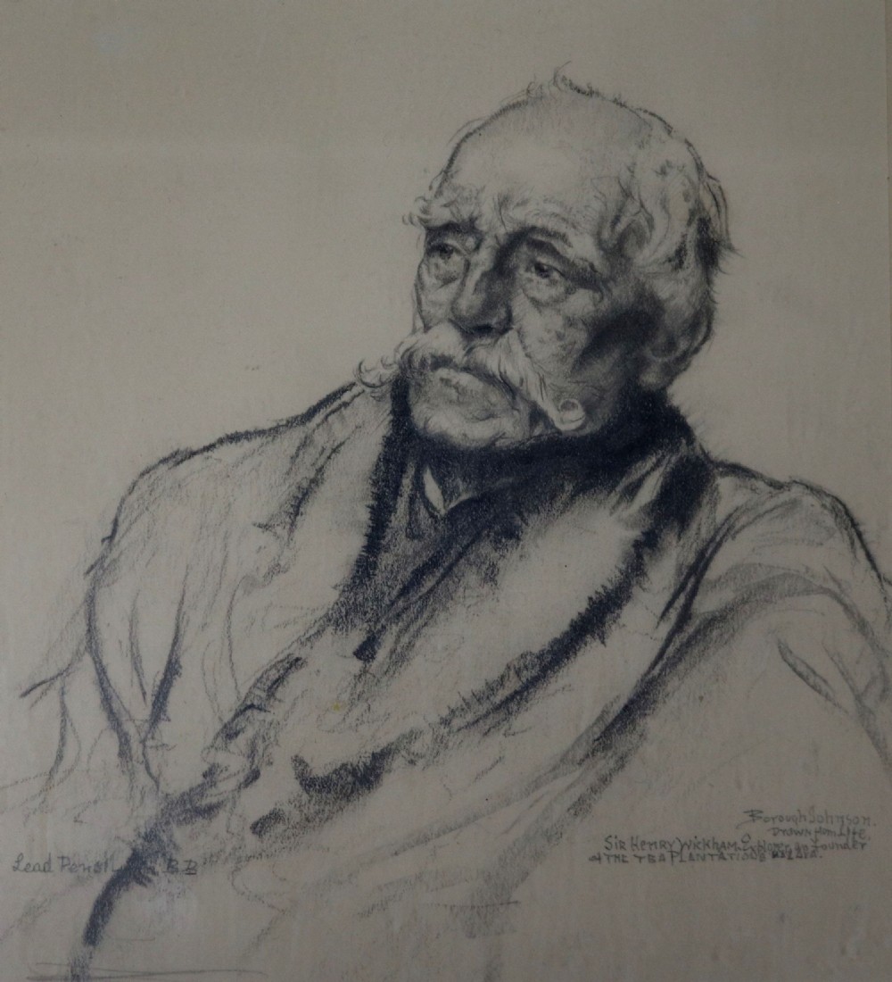 A monochrome lead pencil portrait drawing depicting an elderly man with a large moustache, rendered on off-white paper with handwritten inscriptions.