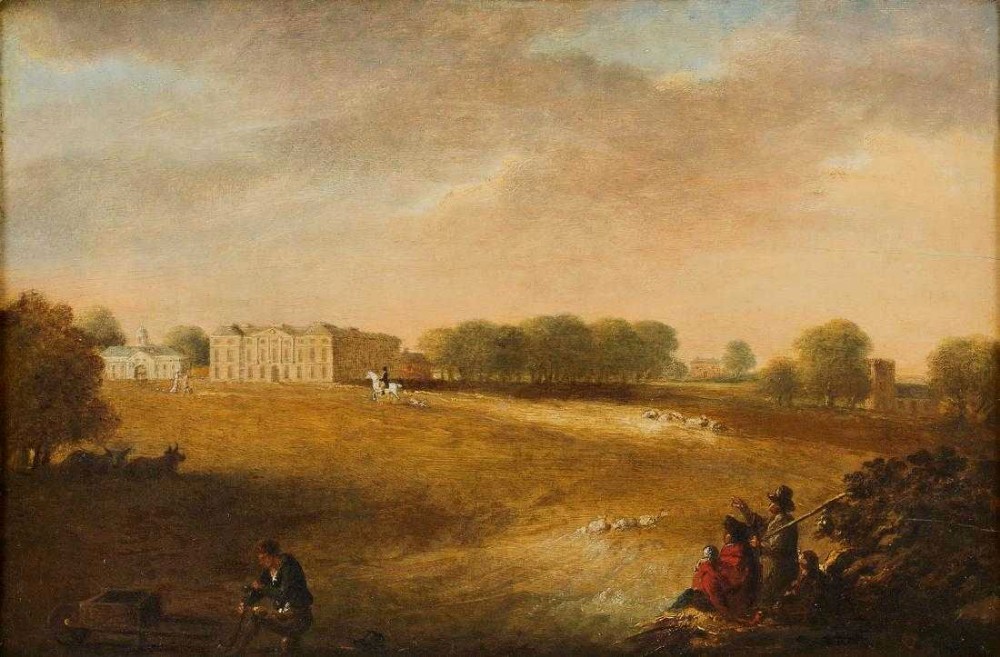 An eighteenth-century English School oil painting depicting an expansive country estate vista with figures in the foreground under a cloudy sky.