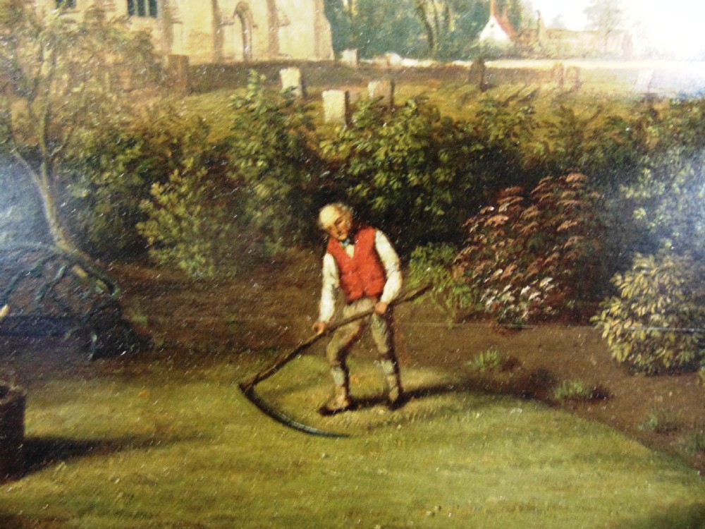 A 19th-century oil painting depicting a gardener scything a green lawn in front of a herbaceous border with a parish church in the background. View V