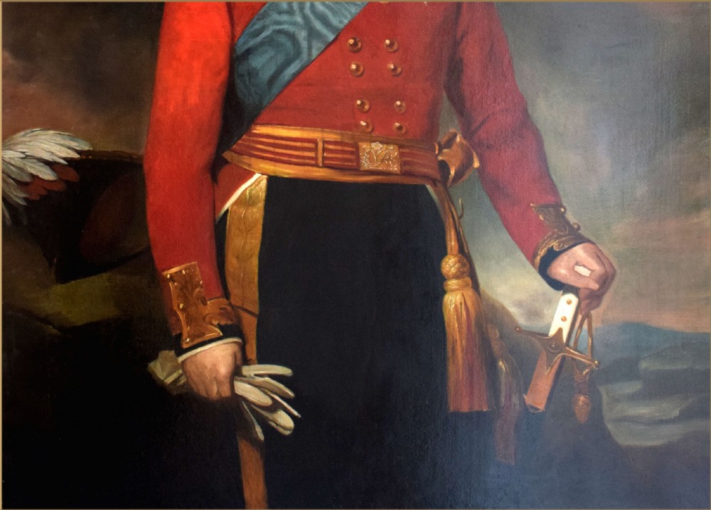 An early nineteenth-century oil portrait of a military officer standing in a scarlet coat with gold epaulettes, a blue sash, and military decorations. View IV