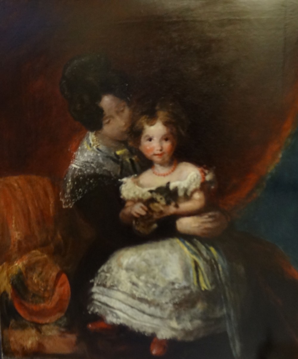 An early 19th-century style oil painting depicting a mother seated behind a young child holding a small kitten.