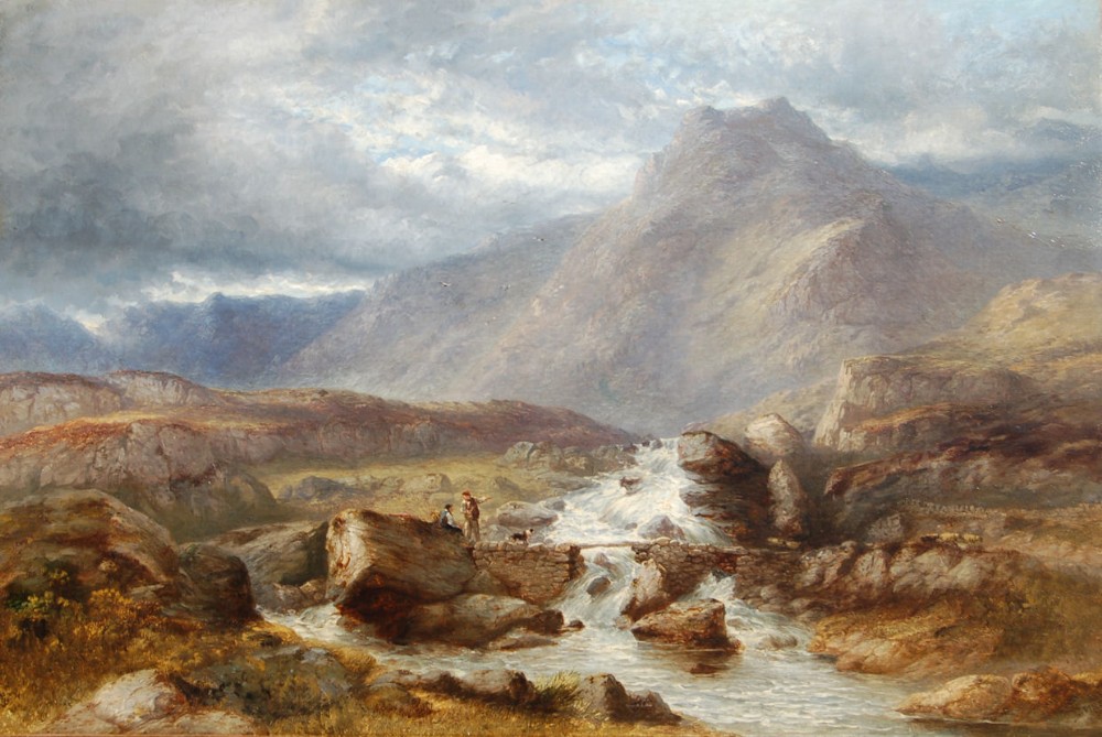 A 19th-century oil painting depicting travellers resting on a stone bridge over a rushing river in North Wales, with Mount Snowdon towering under a cloudy sky.