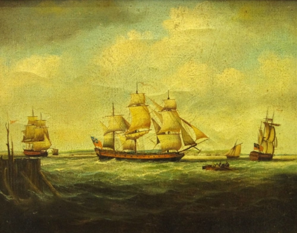 A 19th-century marine oil painting depicting a sailing frigate shown in three positions on a choppy sea under an ochre sky.