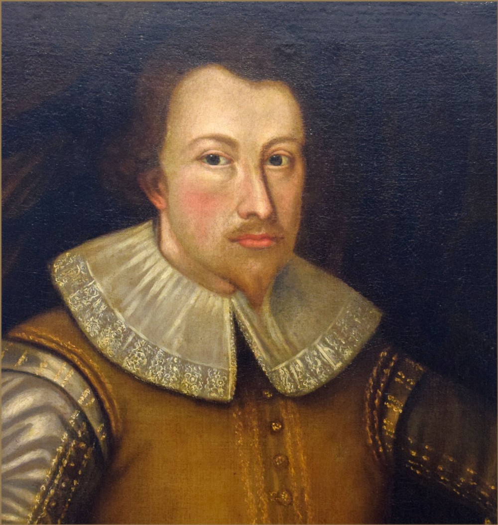 An oil portrait on canvas depicting a Tudor gentleman wearing an embroidered brown doublet with a white lace collar and detailed cuffs. View II
