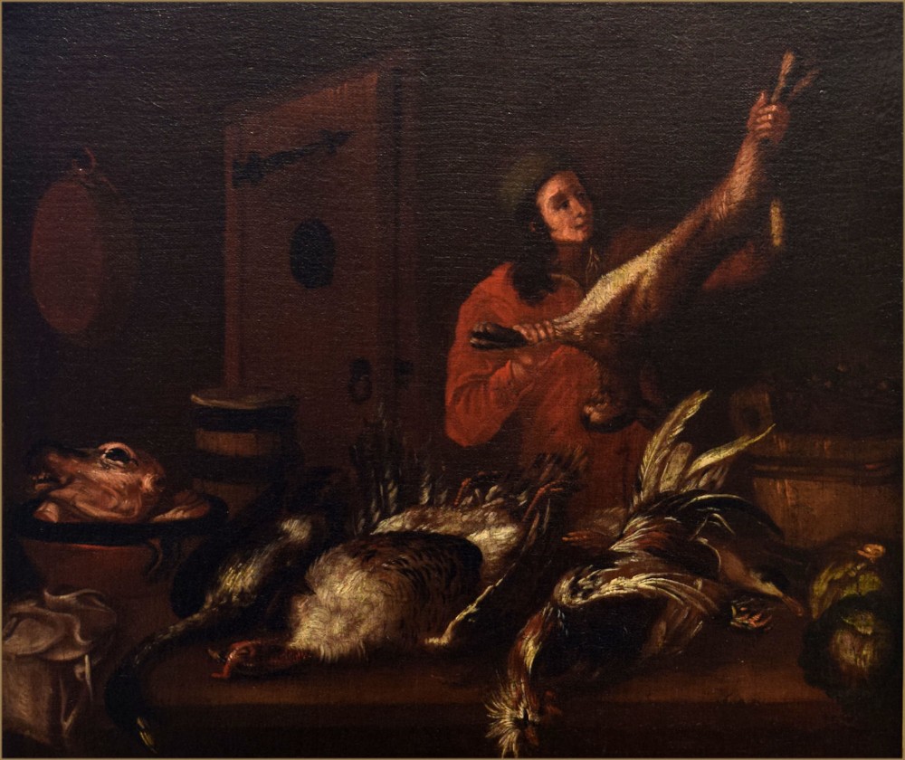 An 18th-century Dutch School oil painting depicting a figure in a red garment arranging game birds and an animal head inside a dark larder.