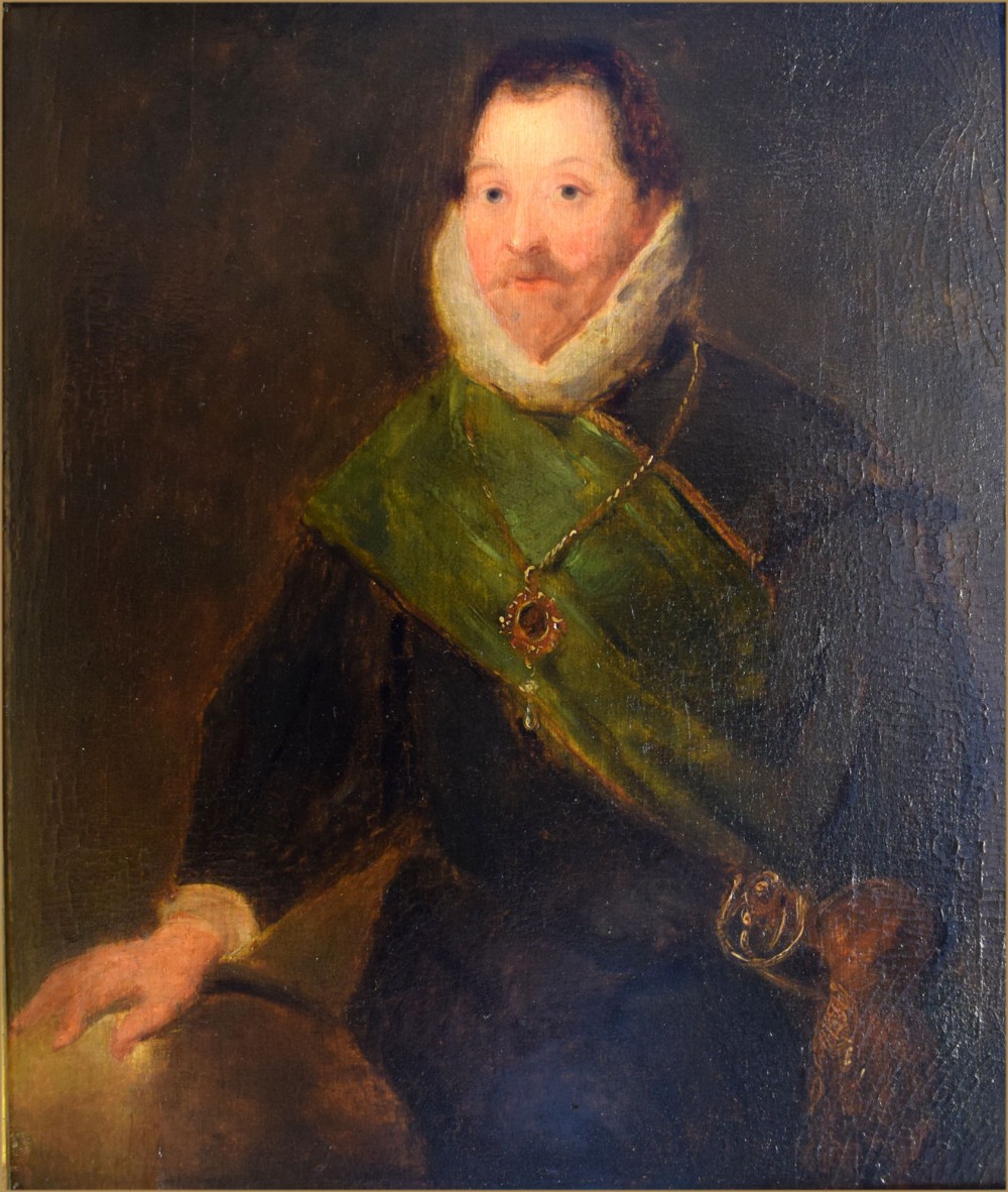 An Elizabethan period oil portrait of a gentleman wearing a high white ruff, dark doublet, green sash, and gold medallion while resting his hand on a globe.
