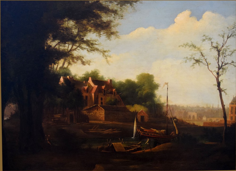 A 17th-century oil painting depicting a river shipyard with an Admiralty yacht, barge, and rustic buildings framed by tall trees under a cloud-filled sky.