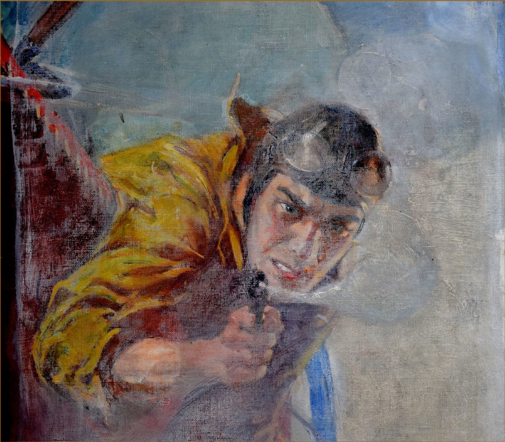 An early 20th-century oil painting depicting an aviator leaning from a biplane cockpit firing a pistol, rendered in shades of yellow, grey, and brown. View IV