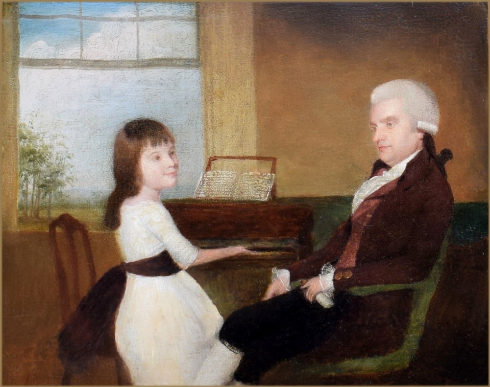 An 18th-century Georgian oil painting depicting a gentleman in a brown coat and powdered wig seated opposite a young girl in a white dress at a spinet.