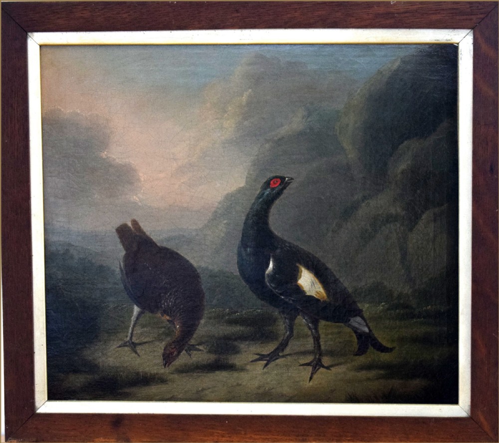 An 18th-century oil painting depicting a black cock grouse and female greyhen standing on rocky terrain in a Highland landscape. View V