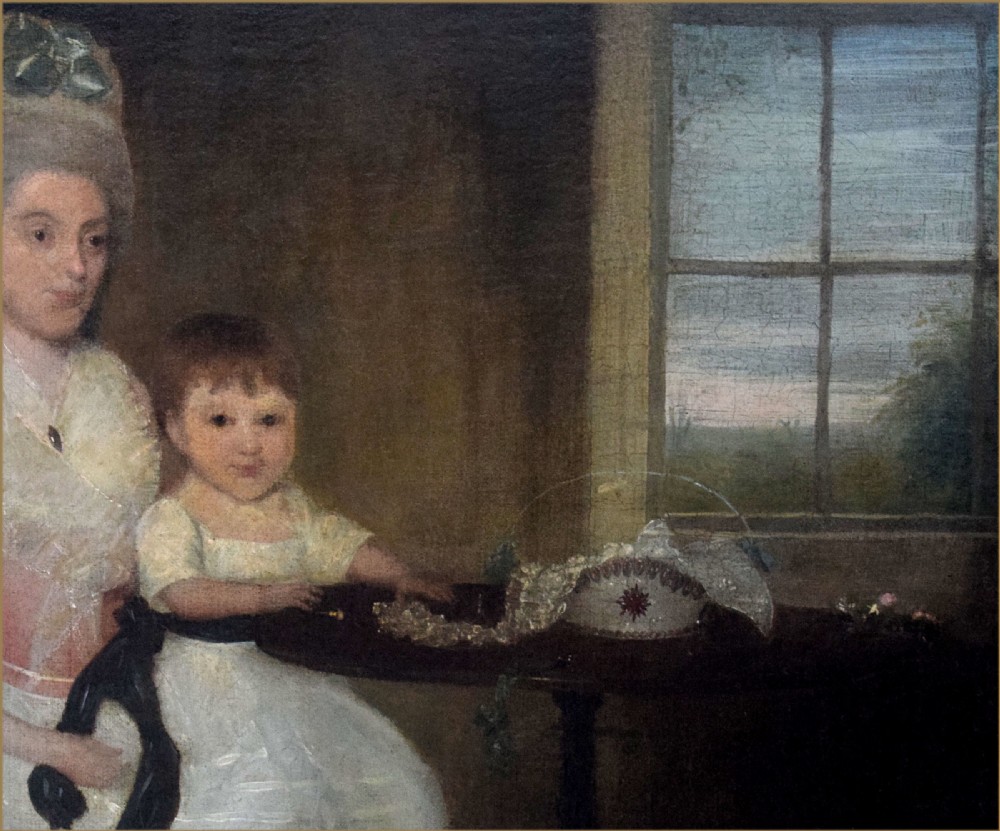 An 18th-century oil painting depicting a mother in a pink dress and high bonnet seated with her young child beside a table and multi-pane window. View II