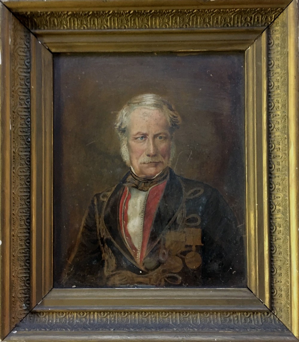 A 19th-century oil portrait depicting a grey-haired gentleman with a moustache in a dark military uniform with red lapels and medals. View V
