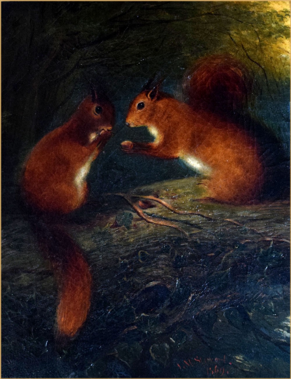 A nineteenth-century Victorian oil painting depicting two red squirrels perched on a tree branch against a dark forest backdrop.