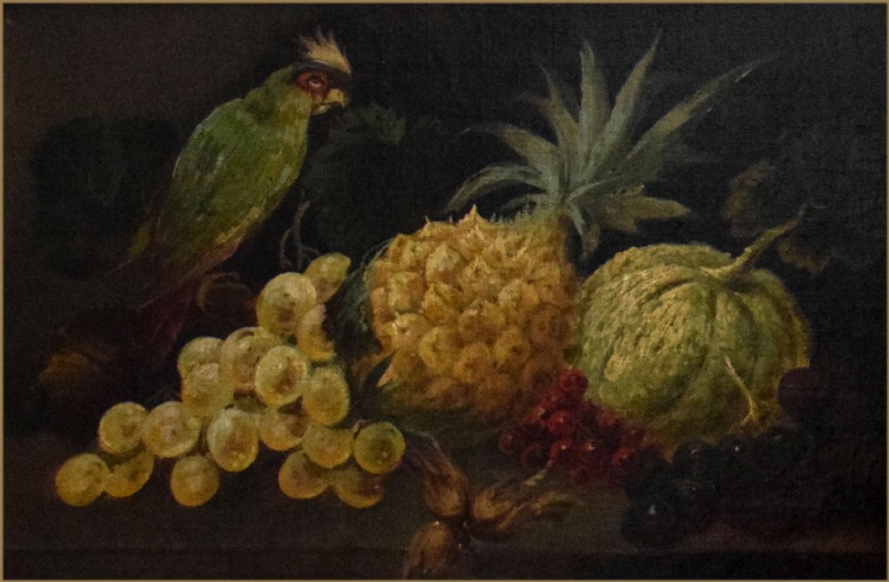 An oil painting depicting a green parrot perched near a cluster of fruit including a pineapple, melon, and grapes set against a dark background.