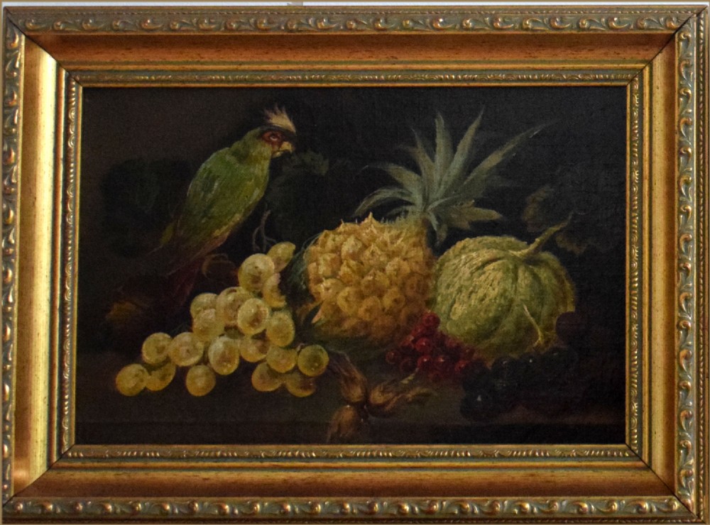 An oil painting depicting a green parrot perched near a cluster of fruit including a pineapple, melon, and grapes set against a dark background. View IV