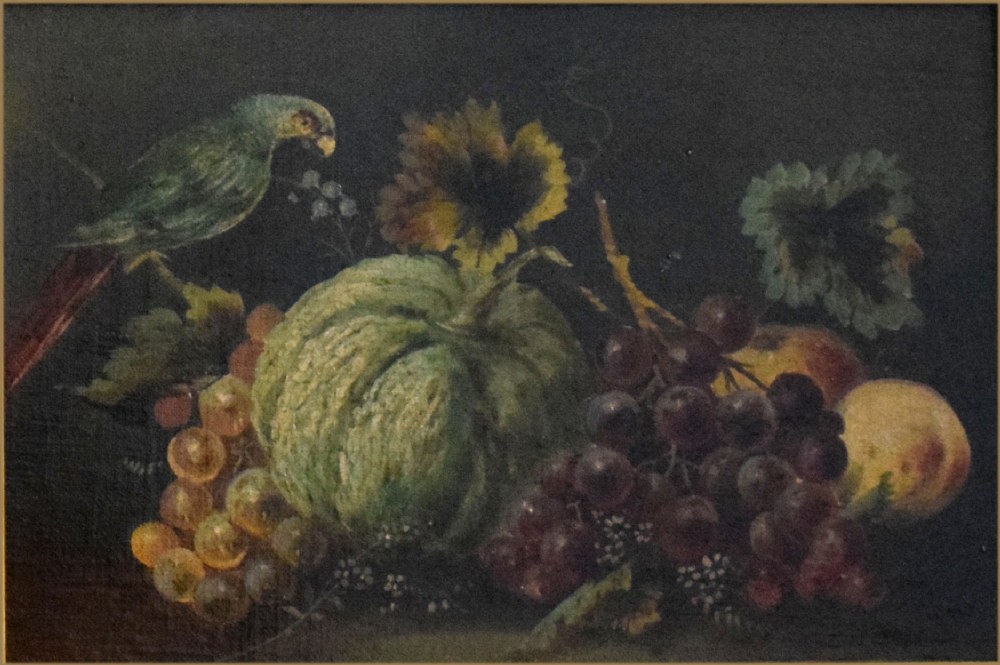 A Victorian oil painting depicting a green parrot perched alongside a melon, bunches of purple and yellow grapes, and peaches against a dark background.