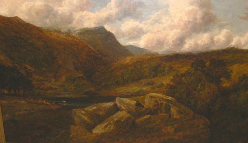 A nineteenth-century Victorian oil painting depicting a rugged Scottish mountain landscape in the Trossachs with cloud formations and foreground figures.