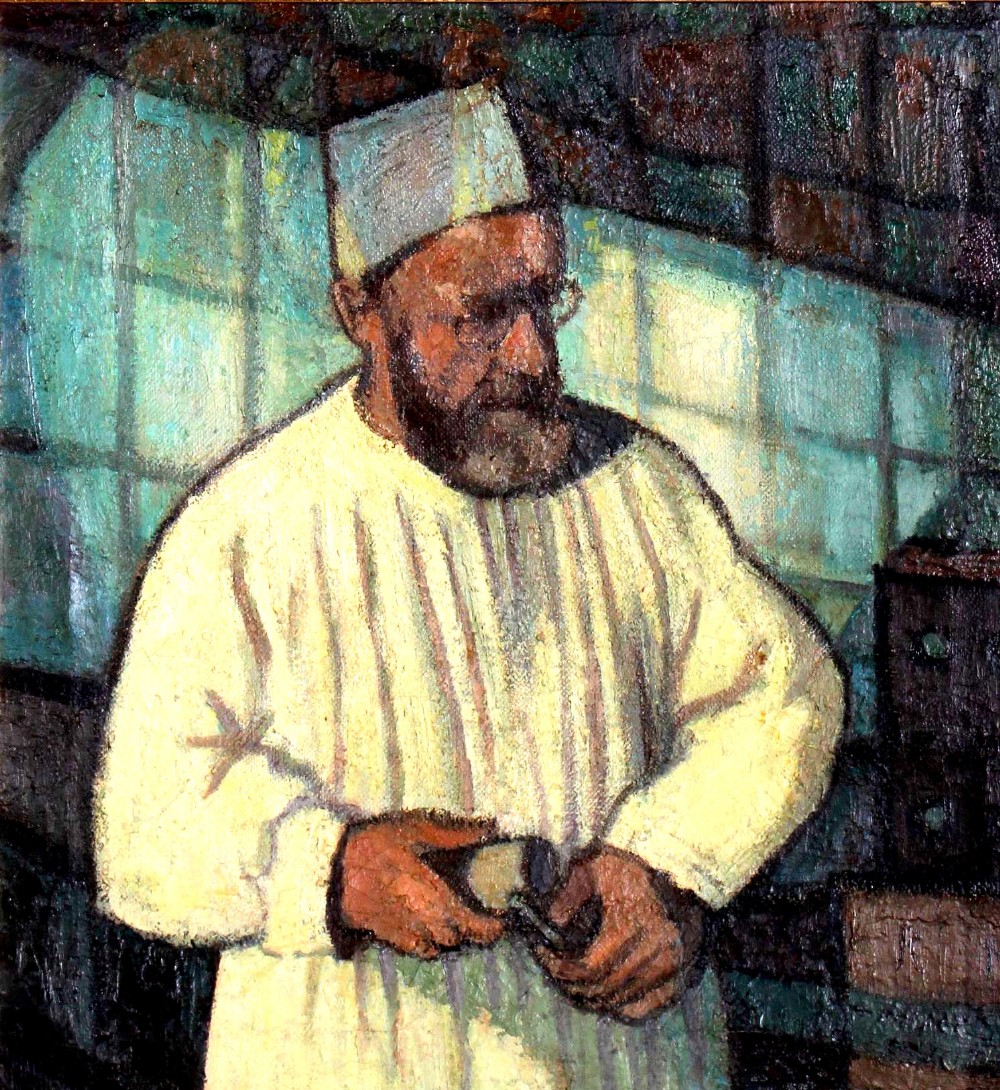 An oil portrait painting depicting artist Eric Gill wearing a tunic and cap while holding tools inside a studio setting.